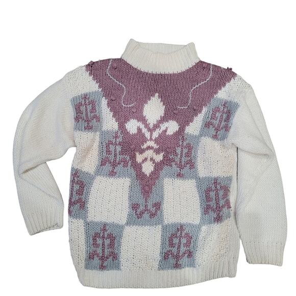 Vintage Country Concepts Pastel Floral Fleur-de-lis Sweater Sz Medium Ramie - Picture 2 of 10